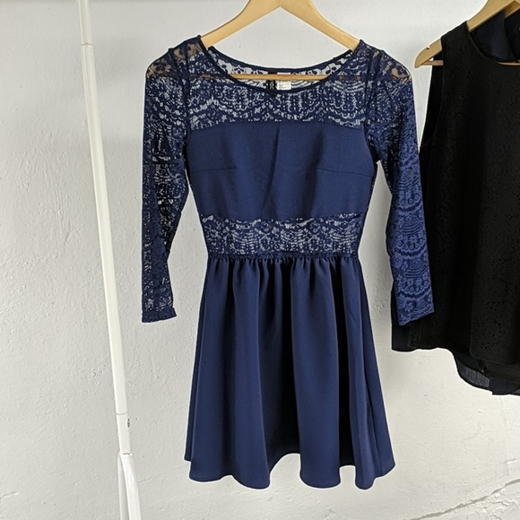 Navy Lace Back & Sleeve Semi-Formal Dress - Picture 1 of 7